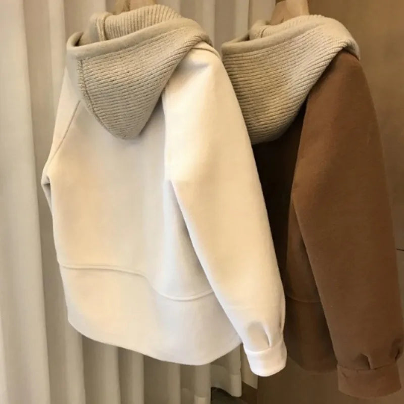 Nukty Women's Spliced Knitted Hooded Coat - Oversize Streetwear Korean Drama Style