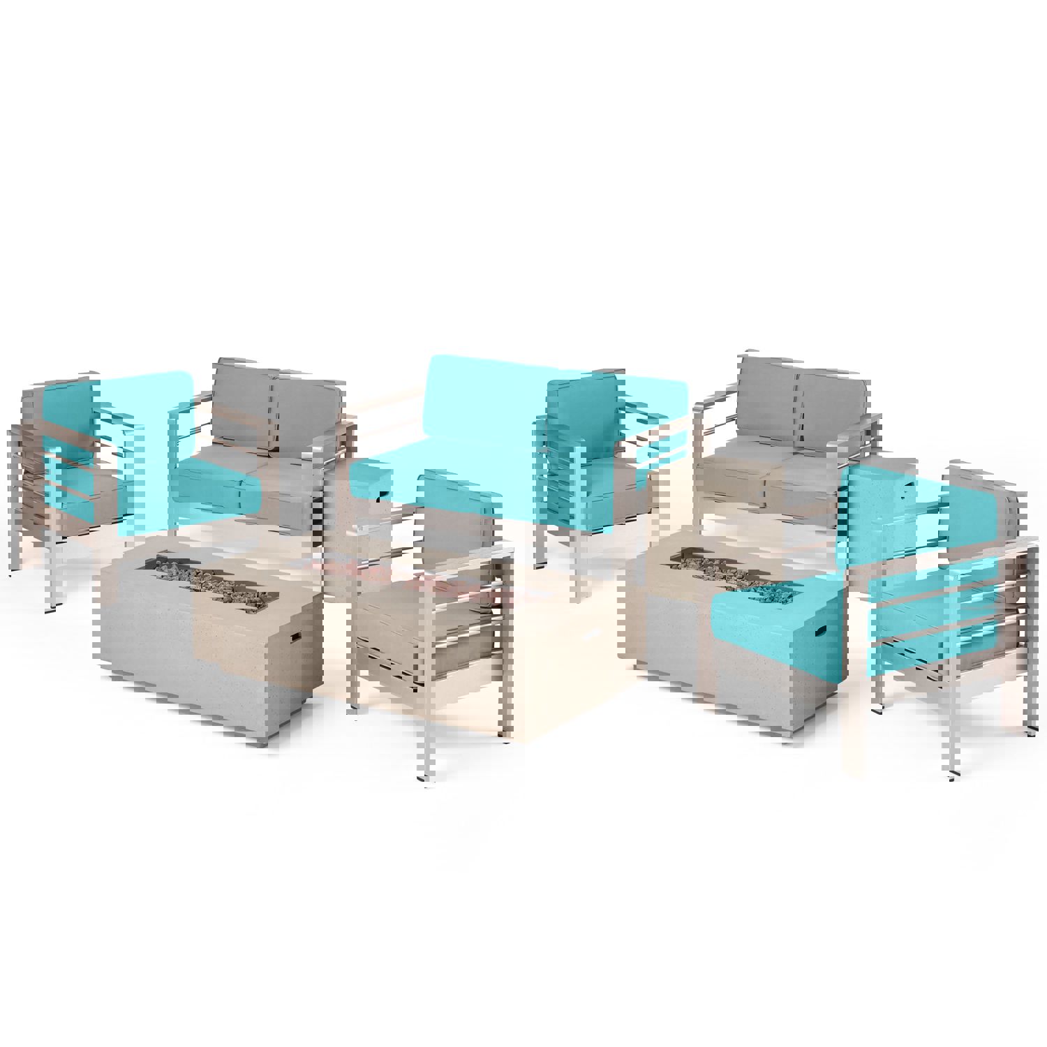 Crested Bay 5pc Modern Outdoor Aluminum Sofa & Chairs Set With Fire Pit