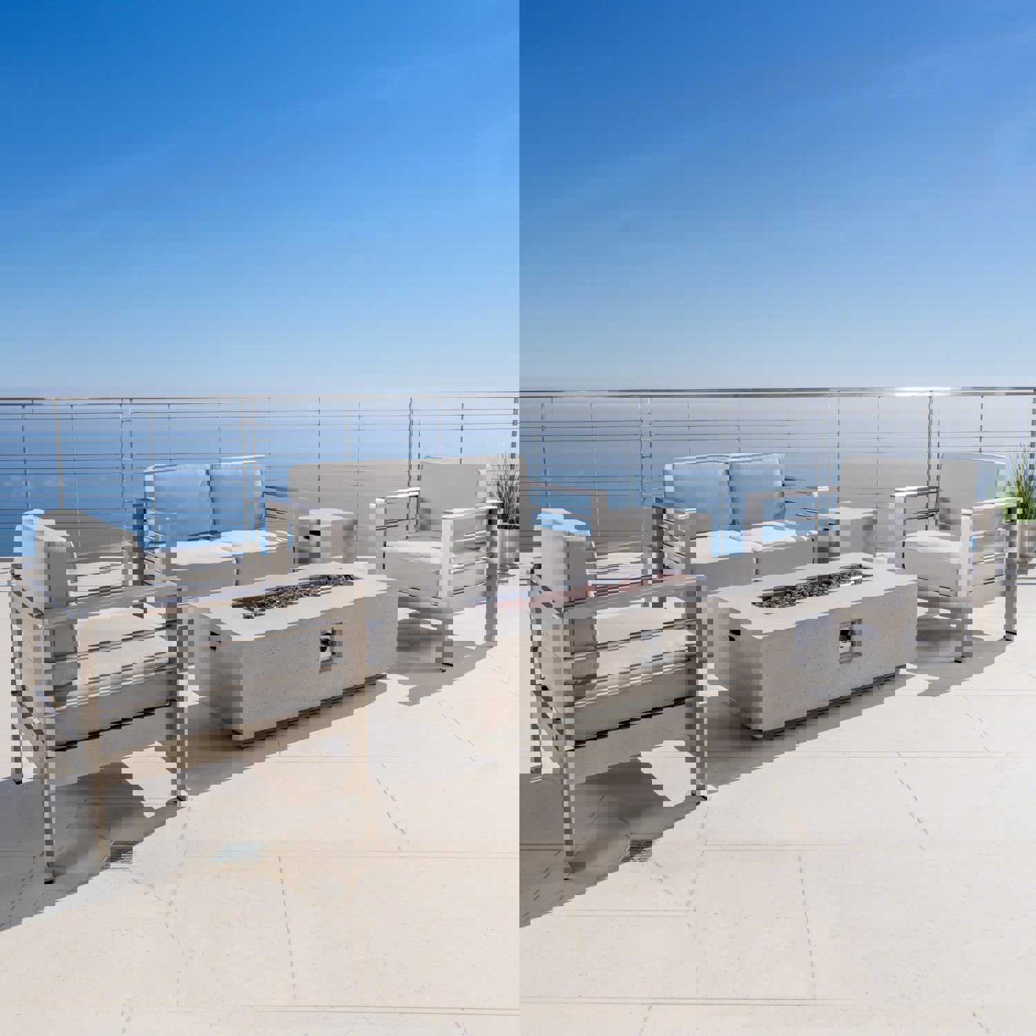 Crested Bay 5pc Modern Outdoor Aluminum Sofa & Chairs Set With Fire Pit