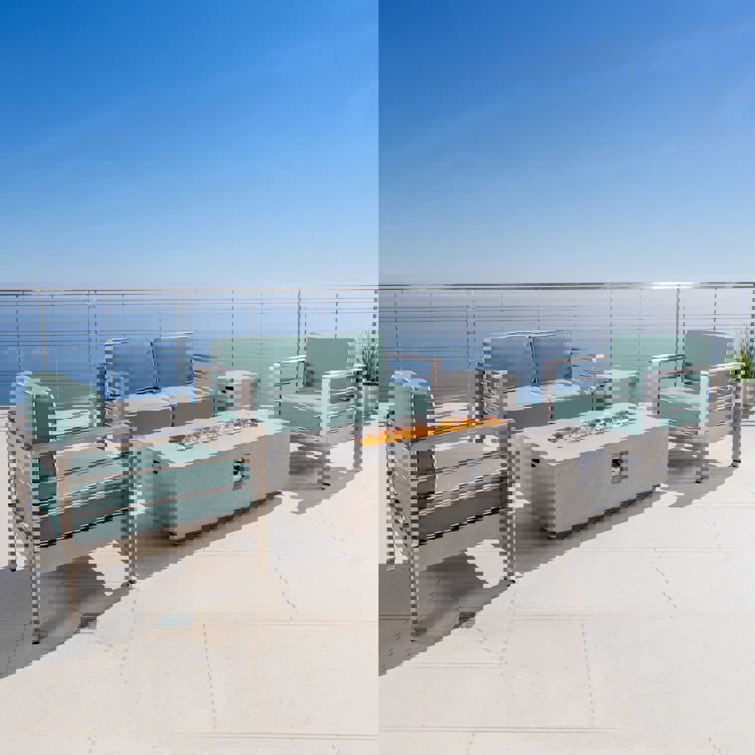 Crested Bay 5pc Modern Outdoor Aluminum Sofa & Chairs Set With Fire Pit