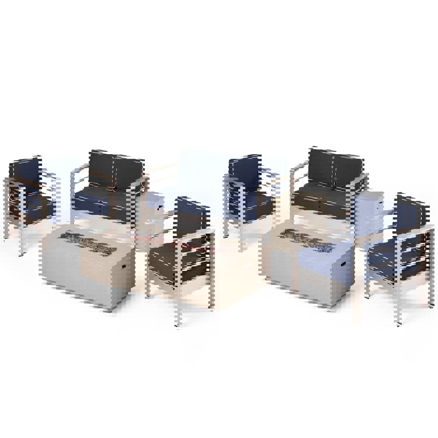 Crested Bay 5pc Modern Outdoor Aluminum Sofa & Chairs Set With Fire Pit