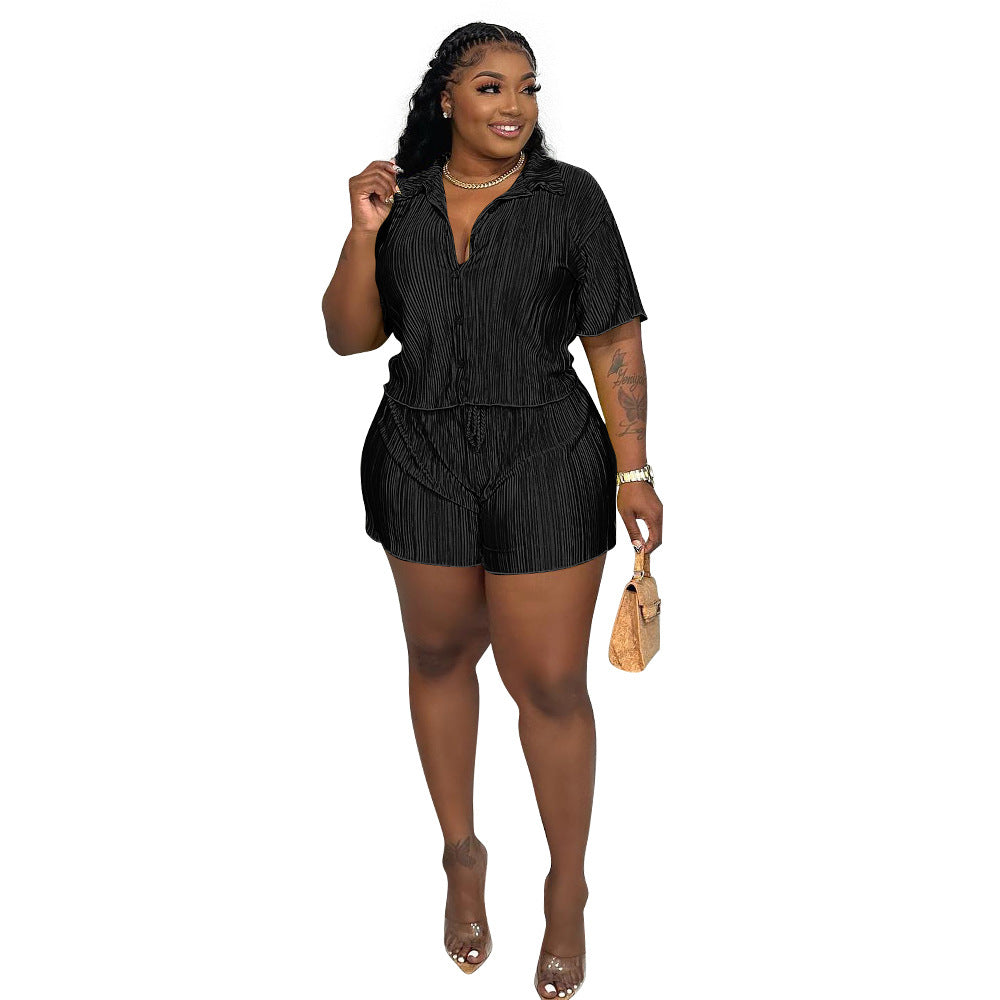 Women's Sexy Fashion Pleated Cloth Casual Shorts Short Sleeves Two-Piece Set