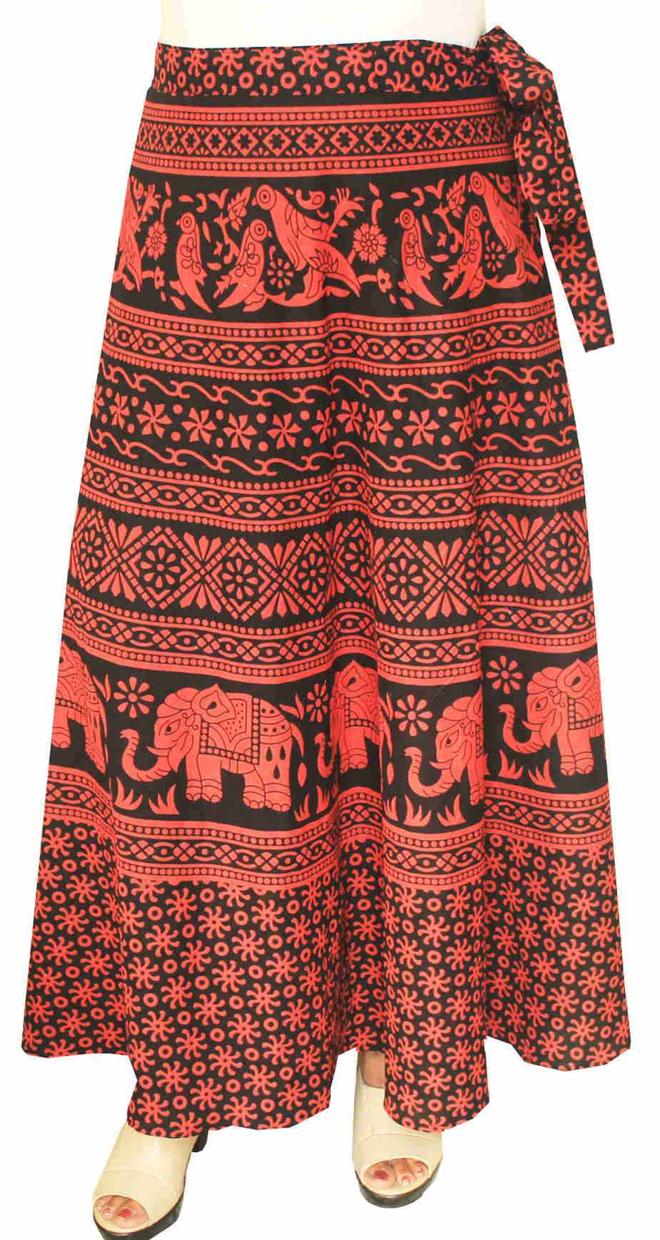 Cotton Wrap Around Long Skirt for Women - Hand Block Printed (Red)