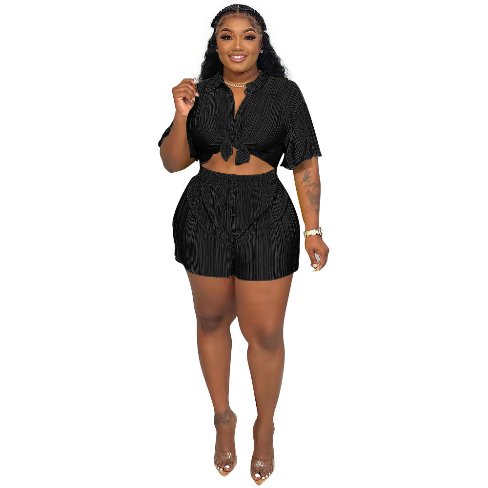 Women's Sexy Fashion Pleated Cloth Casual Shorts Short Sleeves Two-Piece Set
