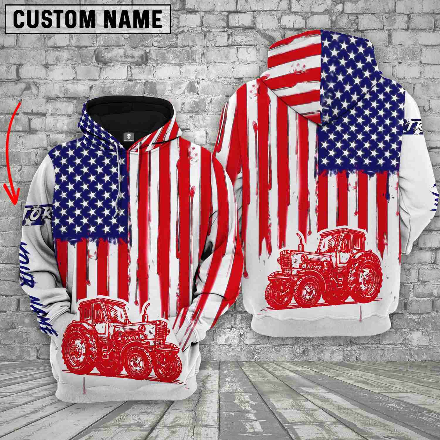 Joycorners Personalized Name Farm Tractor US Flag Hoodie