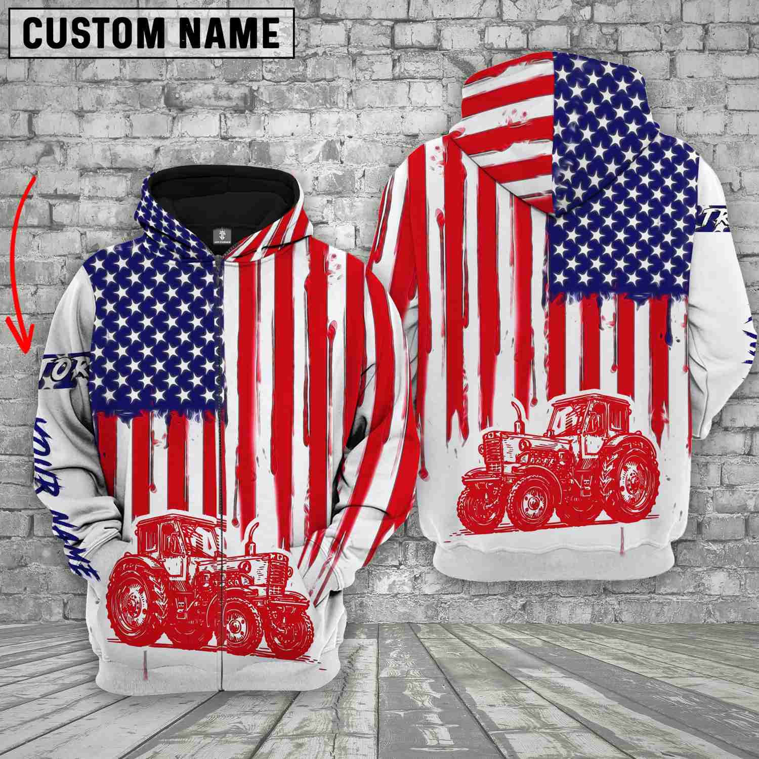 Joycorners Personalized Name Farm Tractor US Flag Hoodie