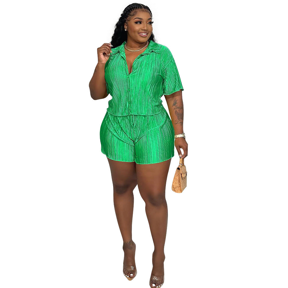 Women's Sexy Fashion Pleated Cloth Casual Shorts Short Sleeves Two-Piece Set