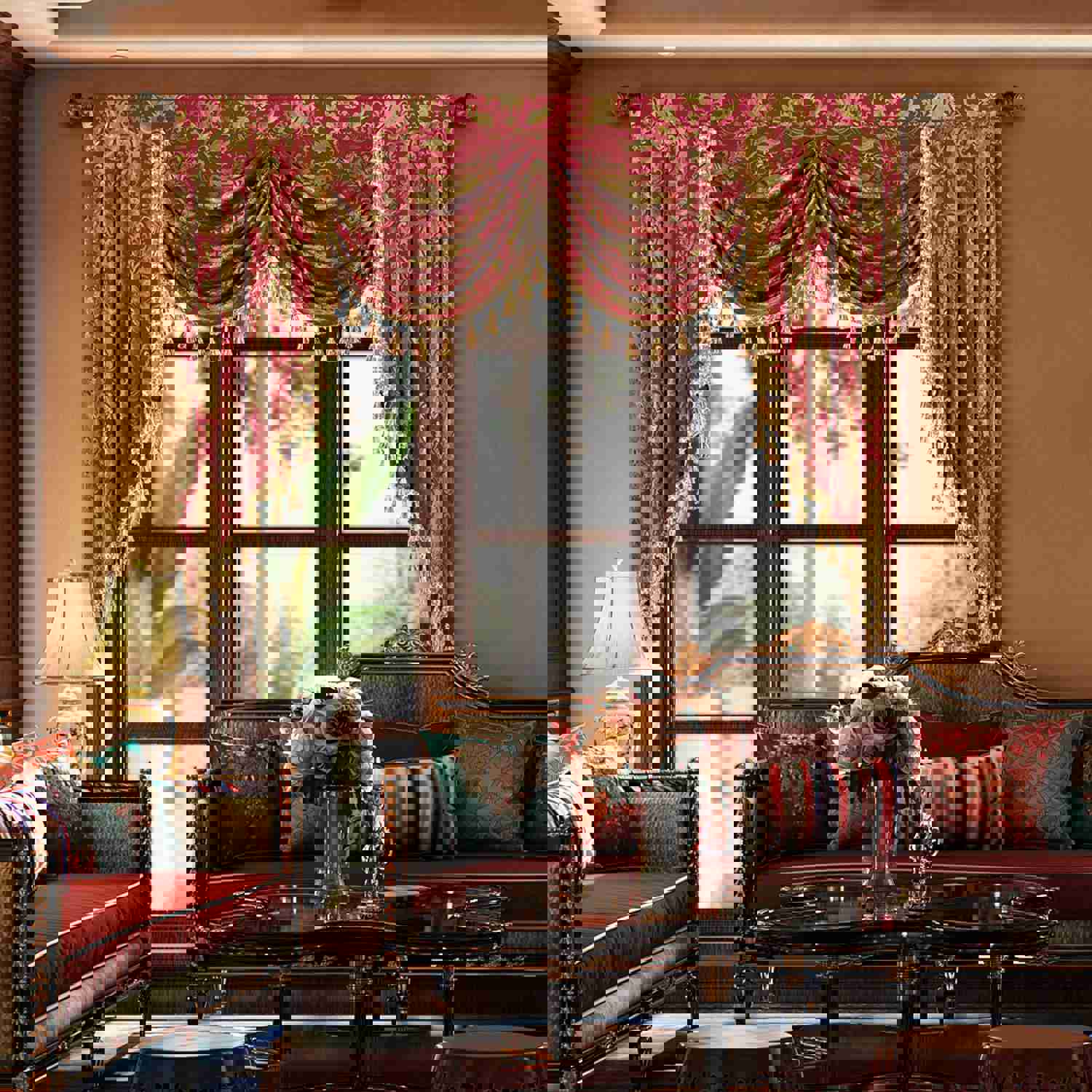 Florence Swag Valance - Classic Damask Pattern Window Waterfall Valance