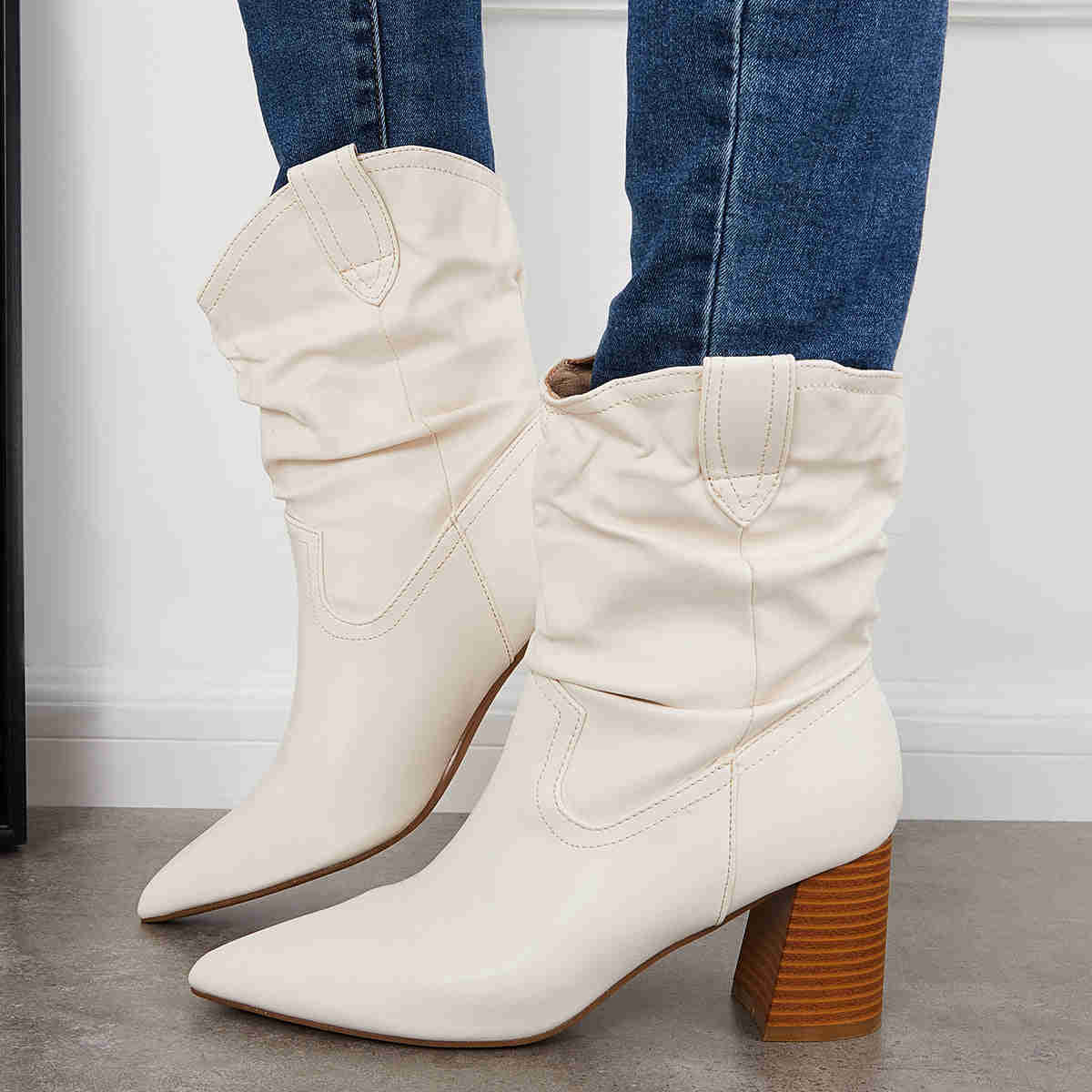 Slouchy Mid Calf Western Boots with Pointed Toe and Chunky Heel