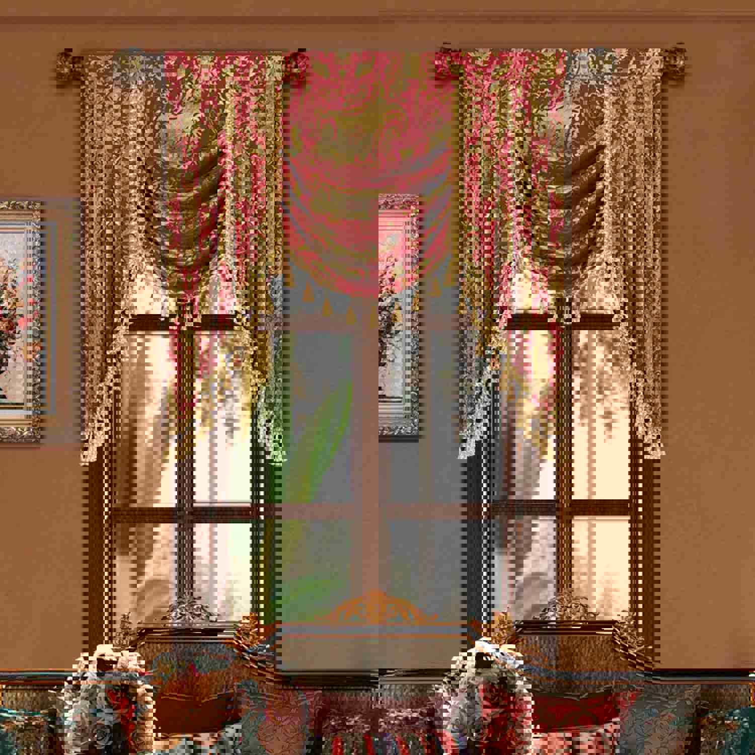 Florence Swag Valance - Classic Damask Pattern Window Waterfall Valance