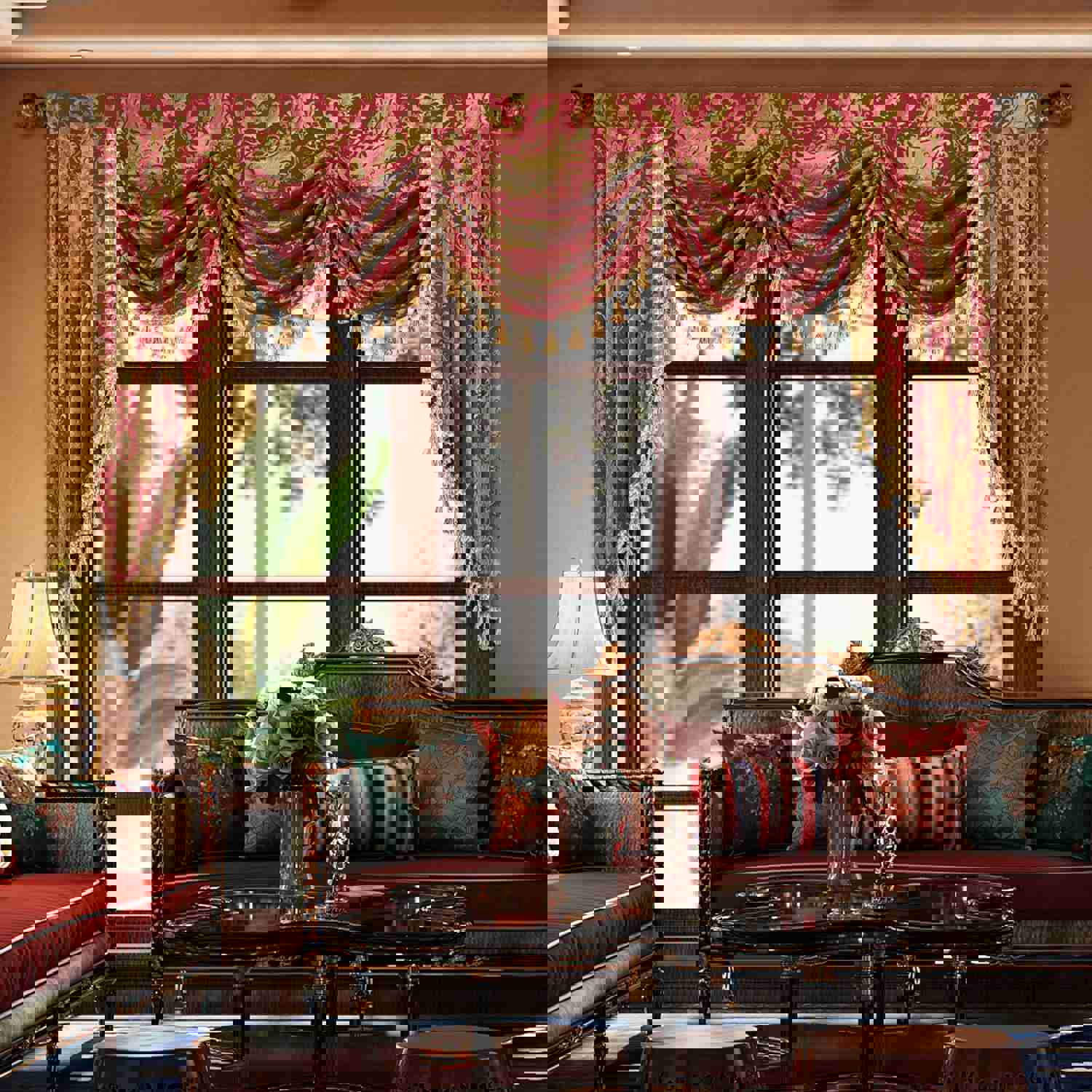 Florence Swag Valance - Classic Damask Pattern Window Waterfall Valance