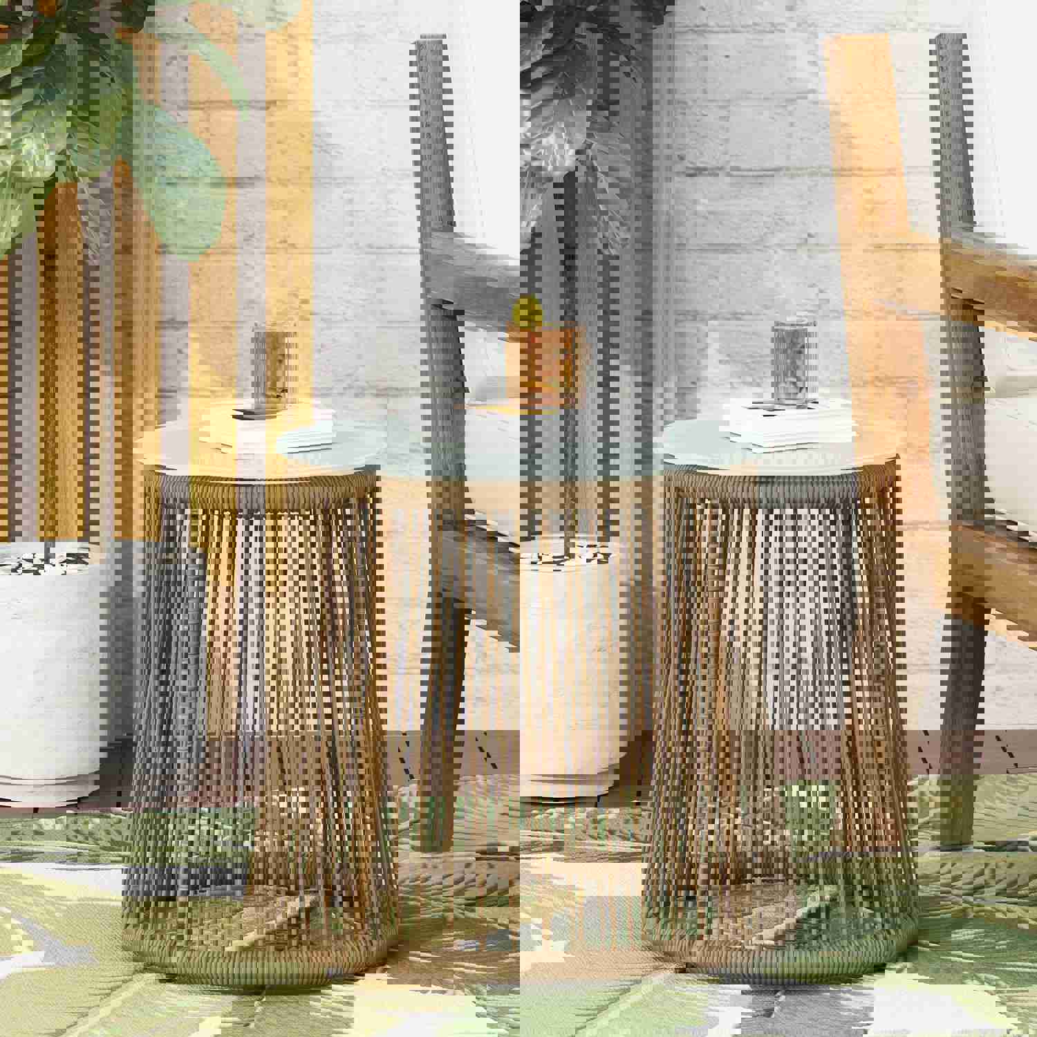 Outdoor Wicker Side Table with Glass Top, Light Brown - NH699413