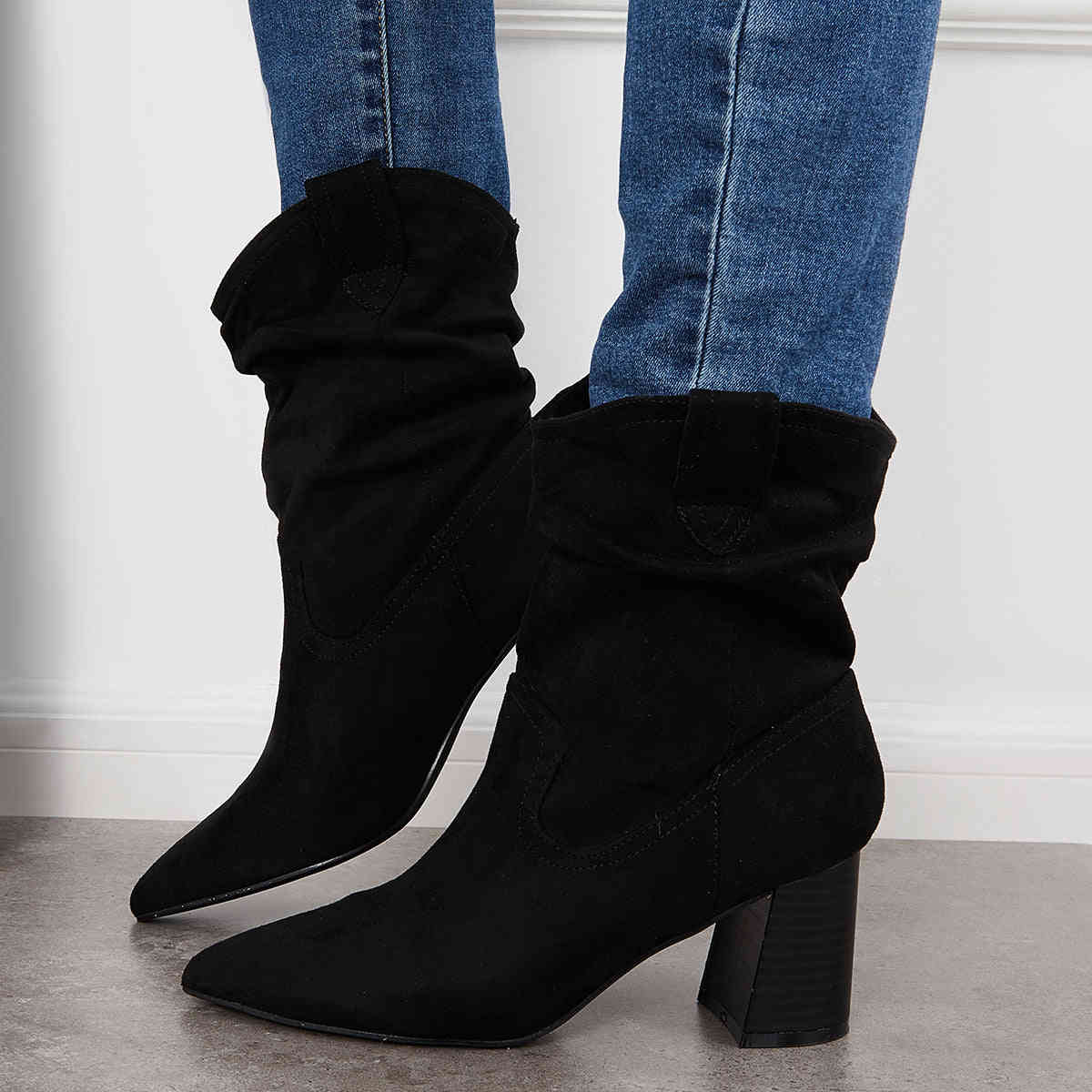 Slouchy Mid Calf Western Boots with Pointed Toe and Chunky Heel