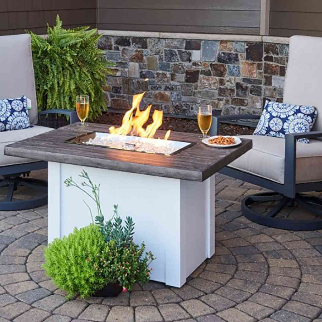 The Outdoor GreatRoom Company Driftwood Havenwood Rectangular Gas Fire Pit Table with White Base
