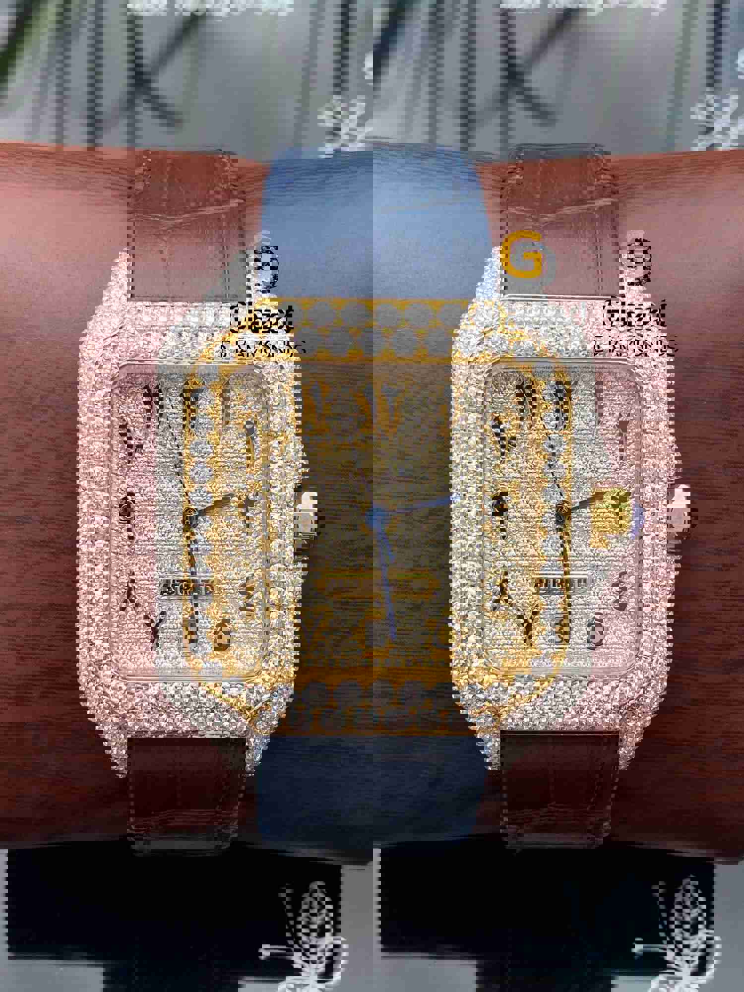 Royal Blue Leather Strap Two Tone Iced Moissanite Studded Watch