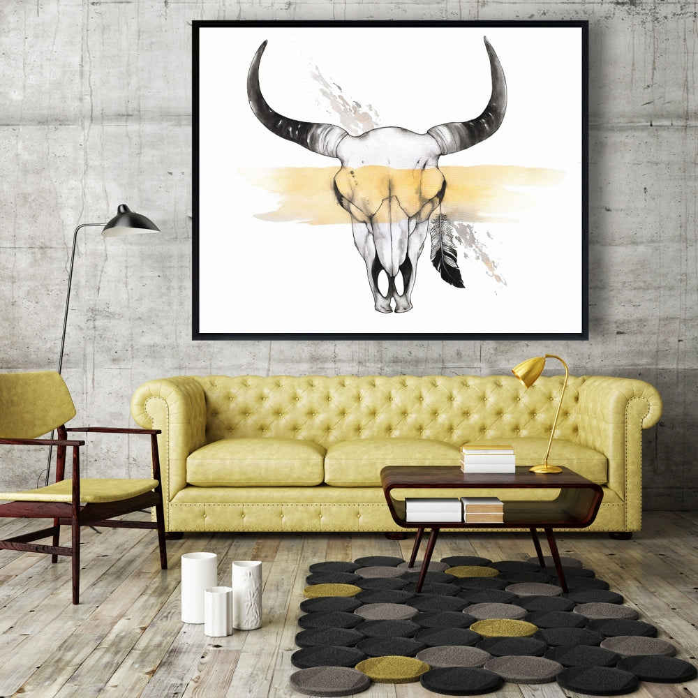 Cow Skull With Feather - Fine Art Gallery Wrapped Canvas 24x36