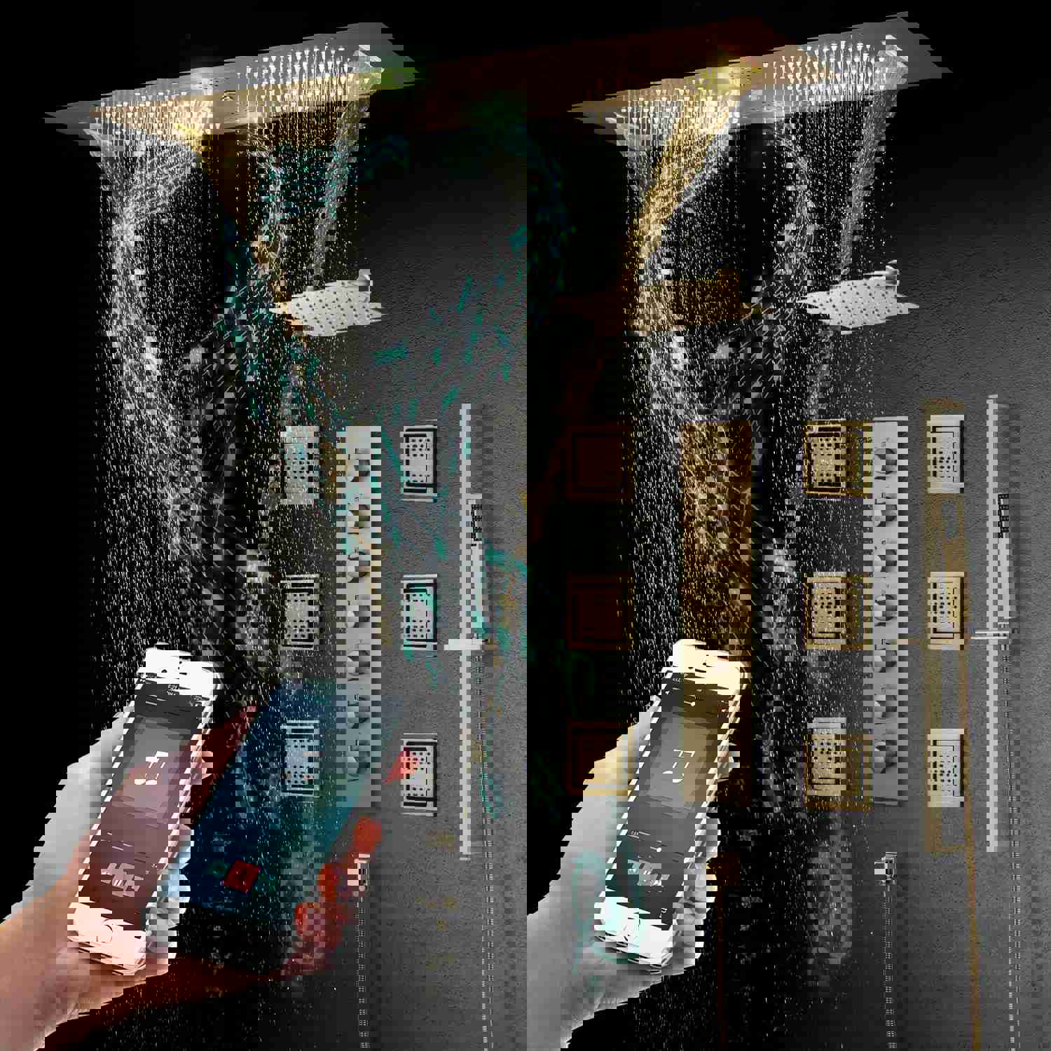 SYDNEY 36INCH COMPLETE LED MUSIC SHOWER SYSTEM WITH RAINFALL, WATERFALL & WALL MOUNTED SHOWERHEAD