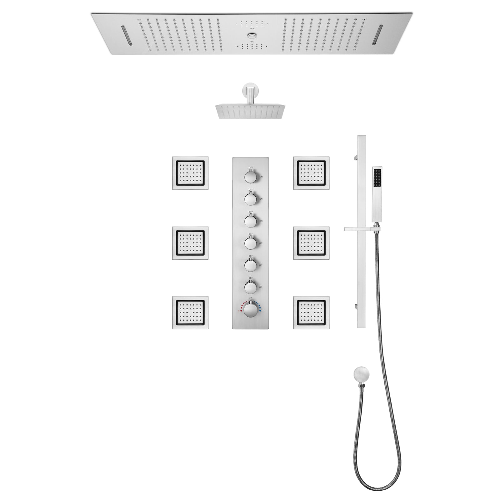SYDNEY 36INCH COMPLETE LED MUSIC SHOWER SYSTEM WITH RAINFALL, WATERFALL & WALL MOUNTED SHOWERHEAD