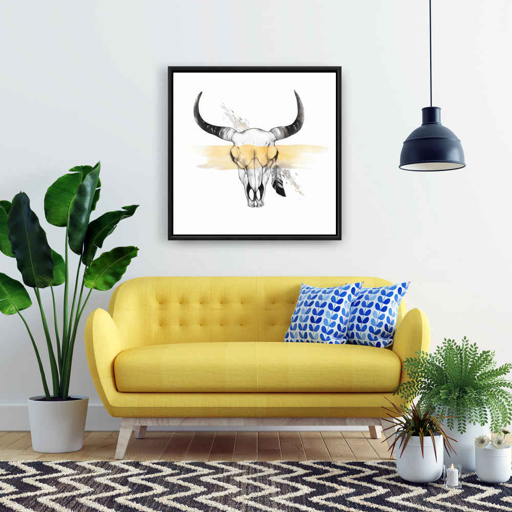 Cow Skull With Feather - Fine Art Gallery Wrapped Canvas 24x36
