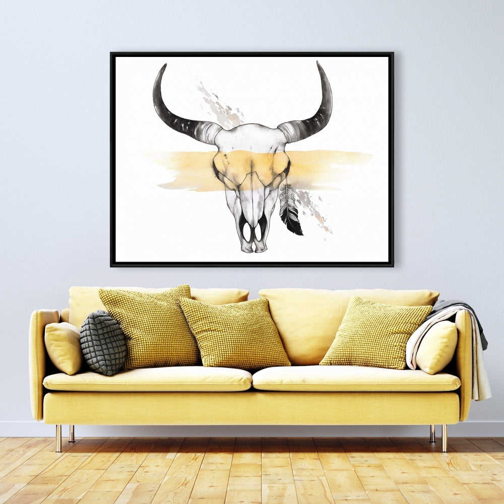 Cow Skull With Feather - Fine Art Gallery Wrapped Canvas 24x36