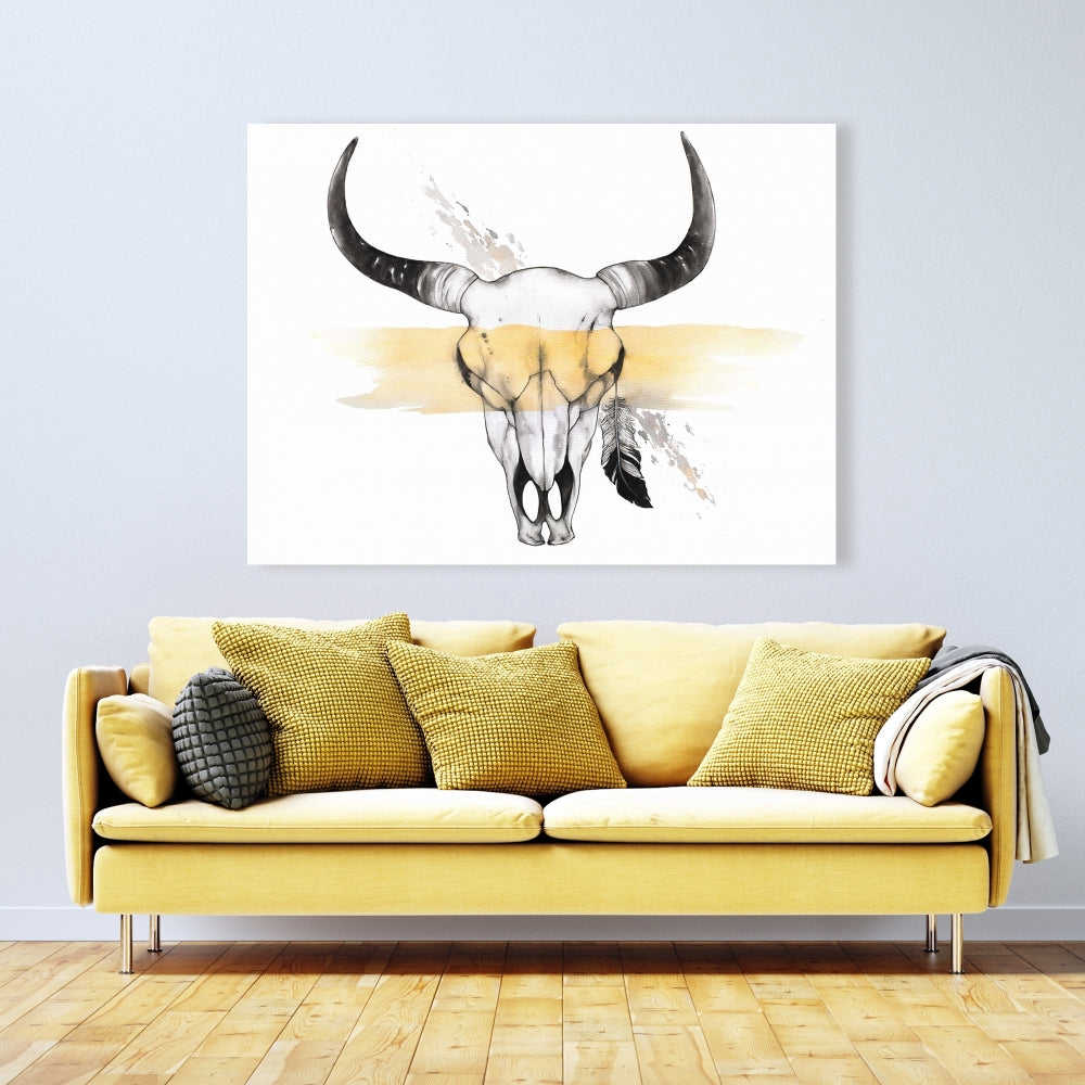 Cow Skull With Feather - Fine Art Gallery Wrapped Canvas 24x36