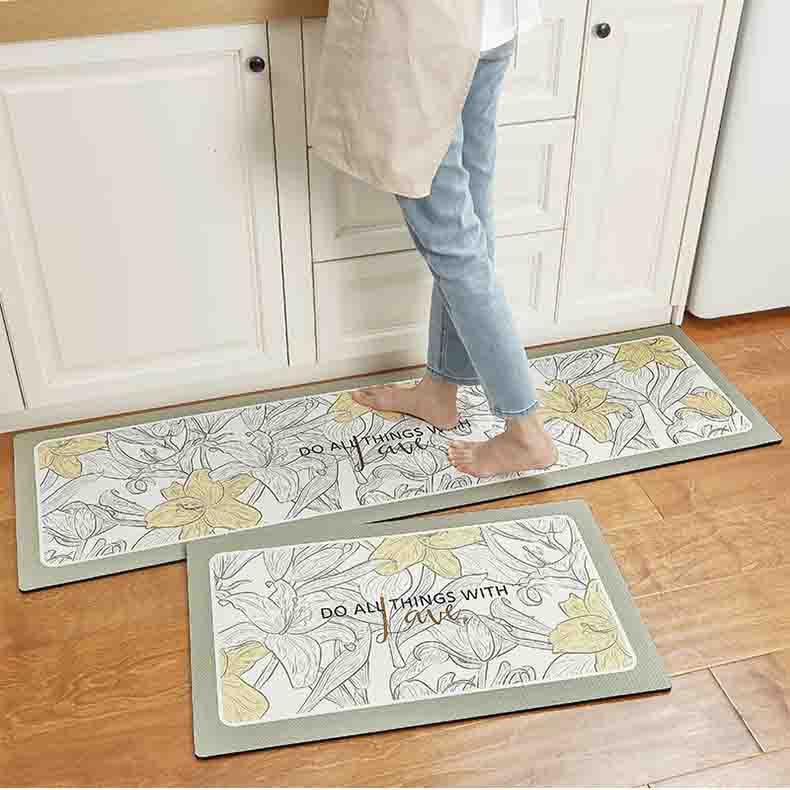 Feblilac Yellow and White Flower Garden Floral PVC Leather Kitchen Mat