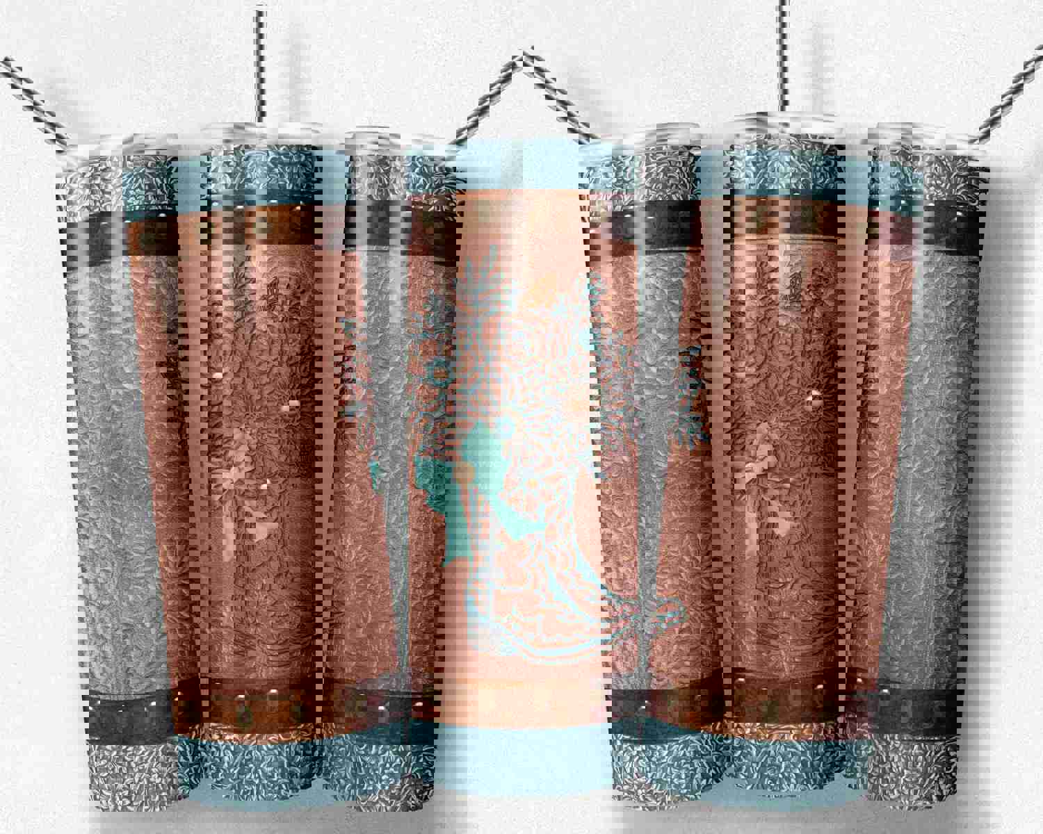 Tooled Leather Cowgirl Rust Brown Teal Boot with Bow