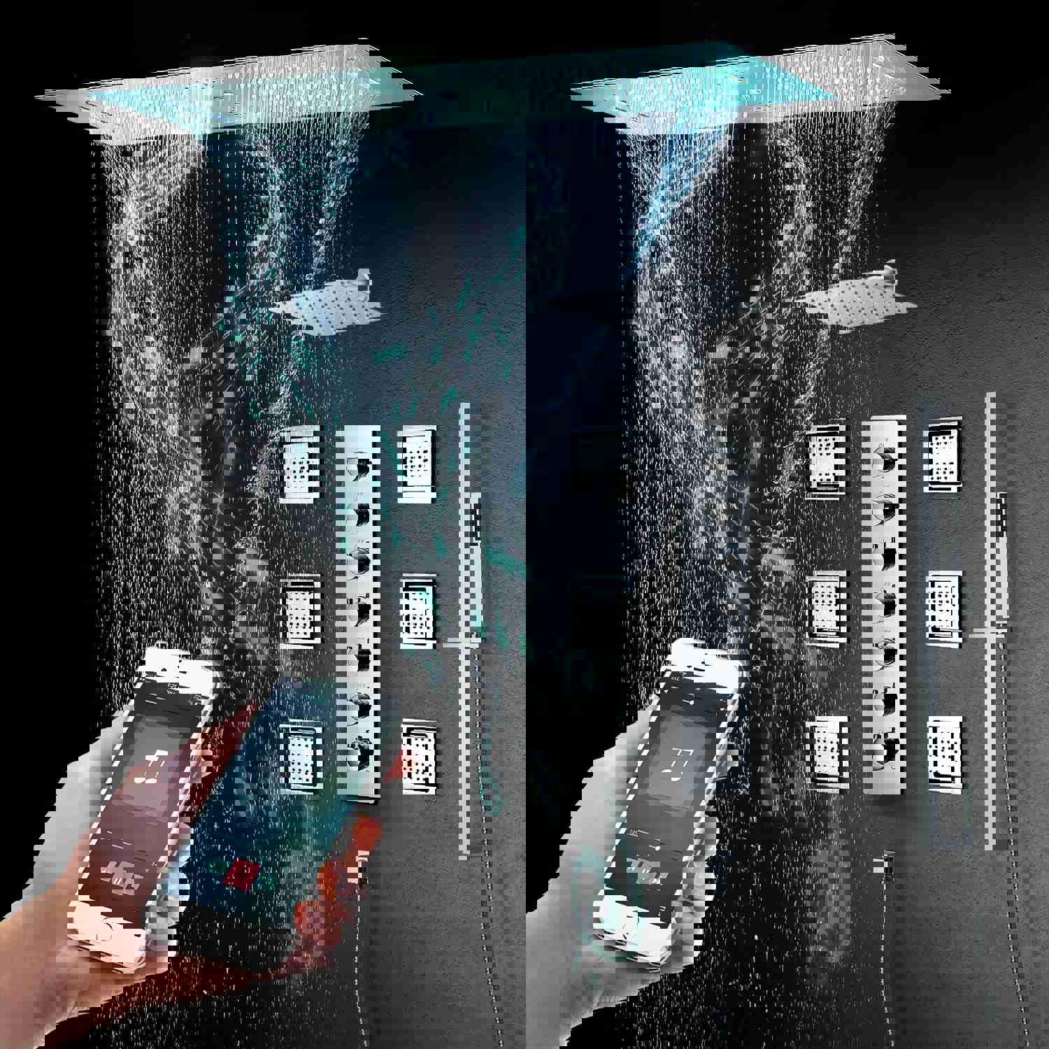 SYDNEY 36INCH COMPLETE LED MUSIC SHOWER SYSTEM WITH RAINFALL, WATERFALL & WALL MOUNTED SHOWERHEAD