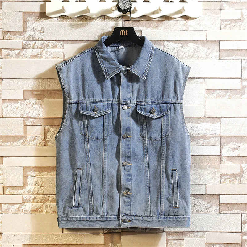 Nukty New Denim Vest Men Sleeveless Denim Jacket Casual Waistcoat
