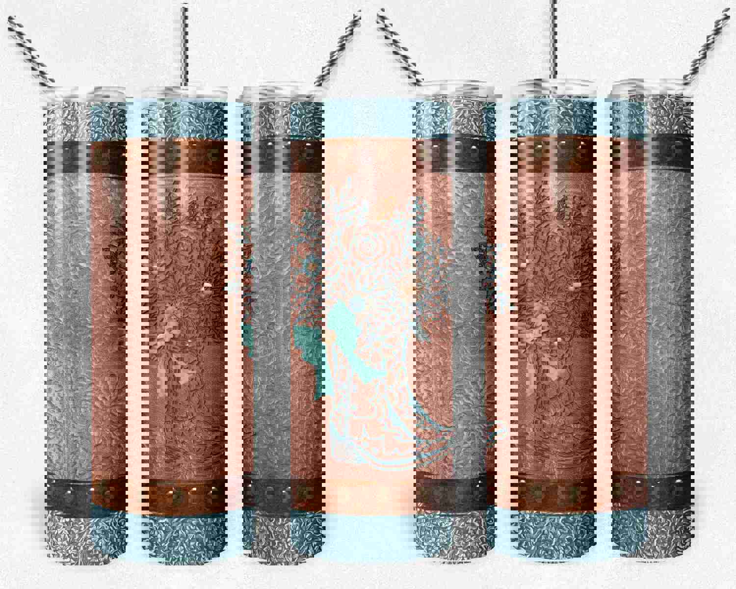 Tooled Leather Cowgirl Rust Brown Teal Boot with Bow