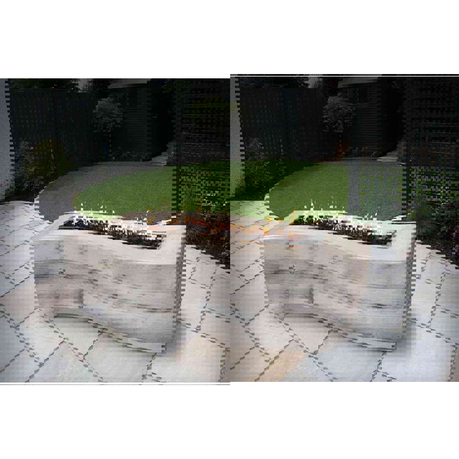 The Outdoor Plus Big Sur Fire Pit in Wood Grain Concrete with Free Cover