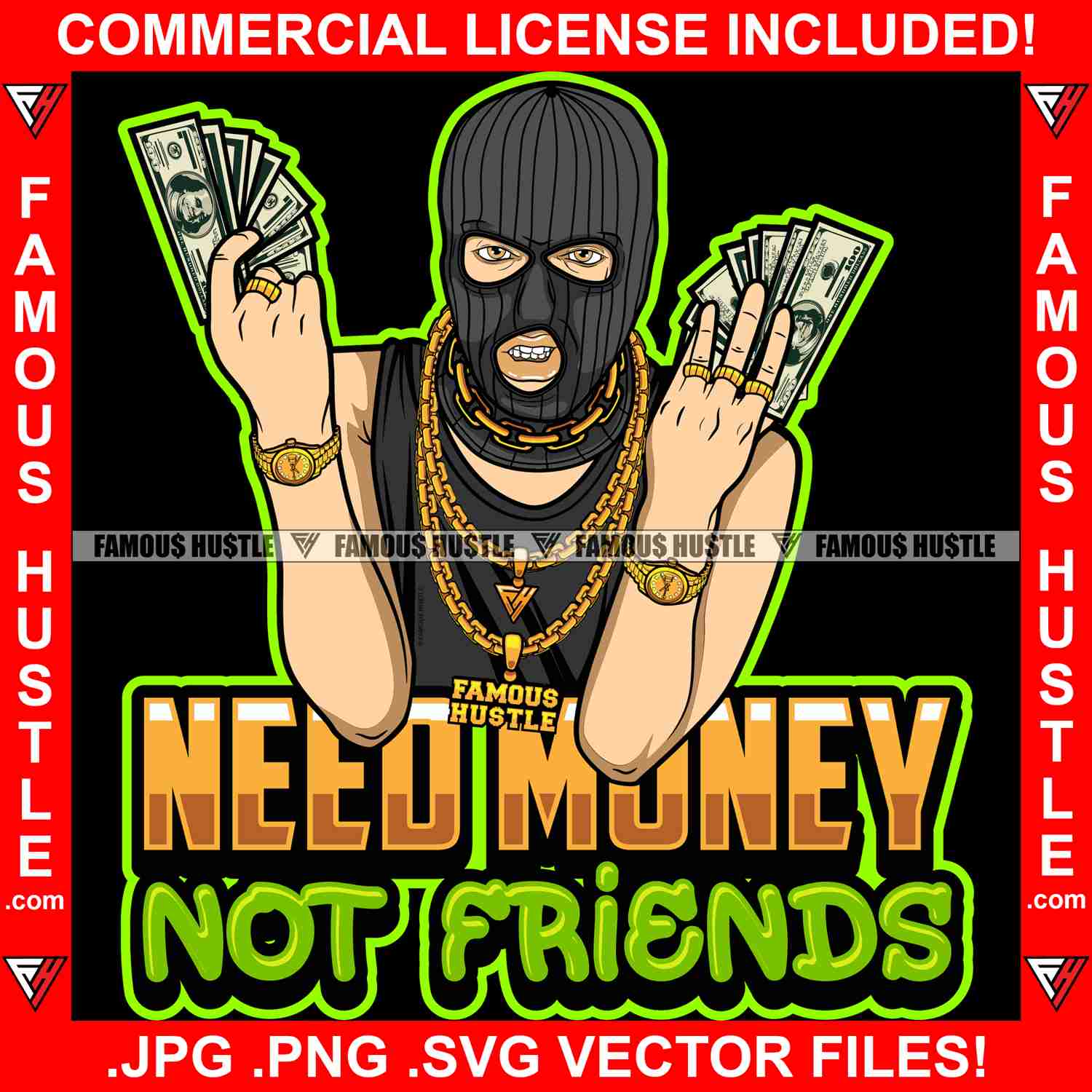 Need Money Not Friends Gangster Hustle Graphic Design T-Shirt Print
