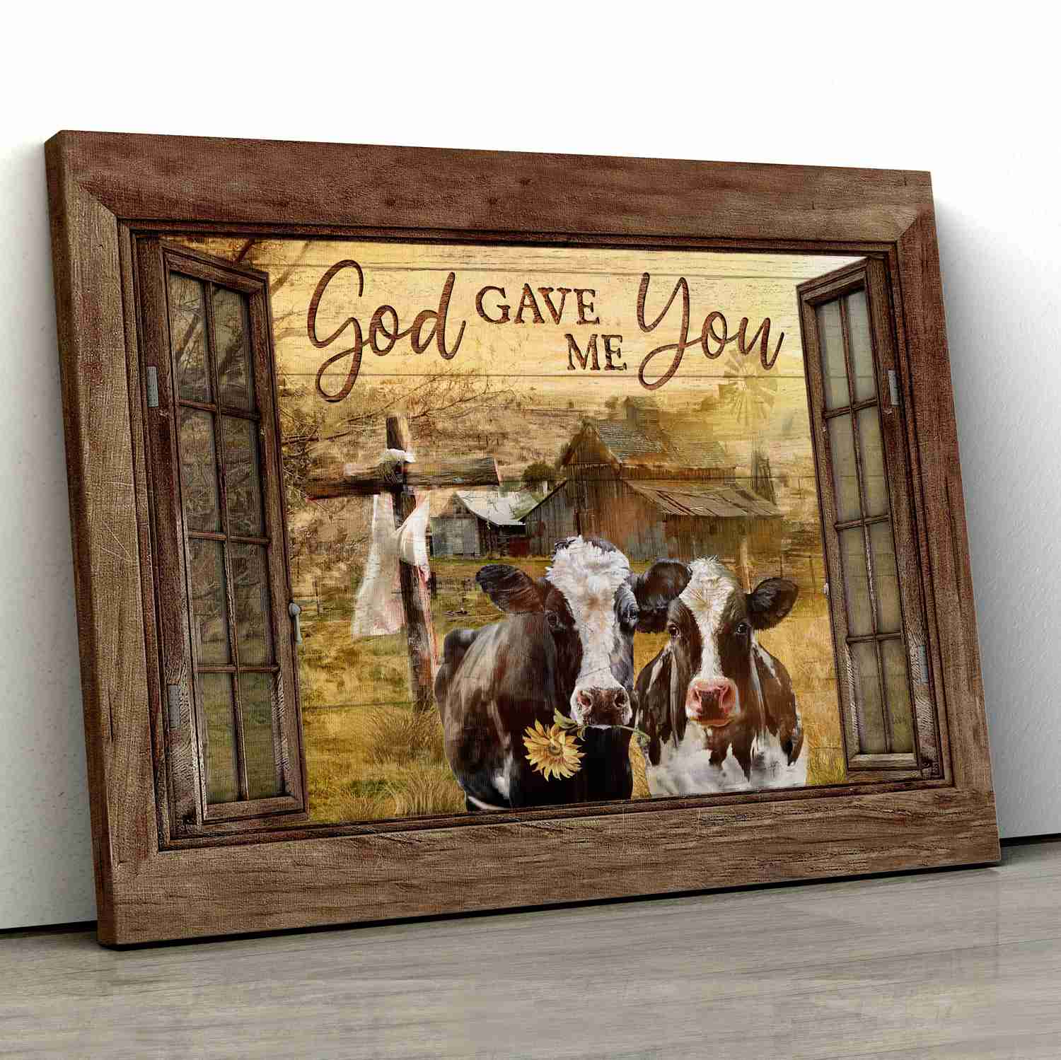 Window Frame, Cows on Farm, God Gave Me You - Jesus Landscape Canvas Print, Wall Art