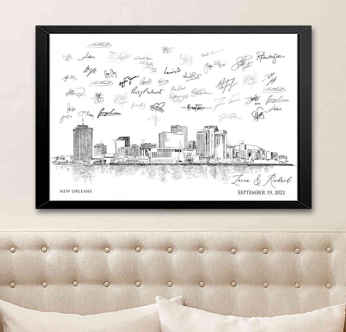 New Orleans Skyline Alternative Wedding Guest Book - Hand-Drawn Artwork with Personalization