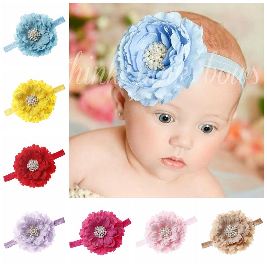 18 Colors Baby Newborn Peony Flower With Pearl Rhinestone Button Headband