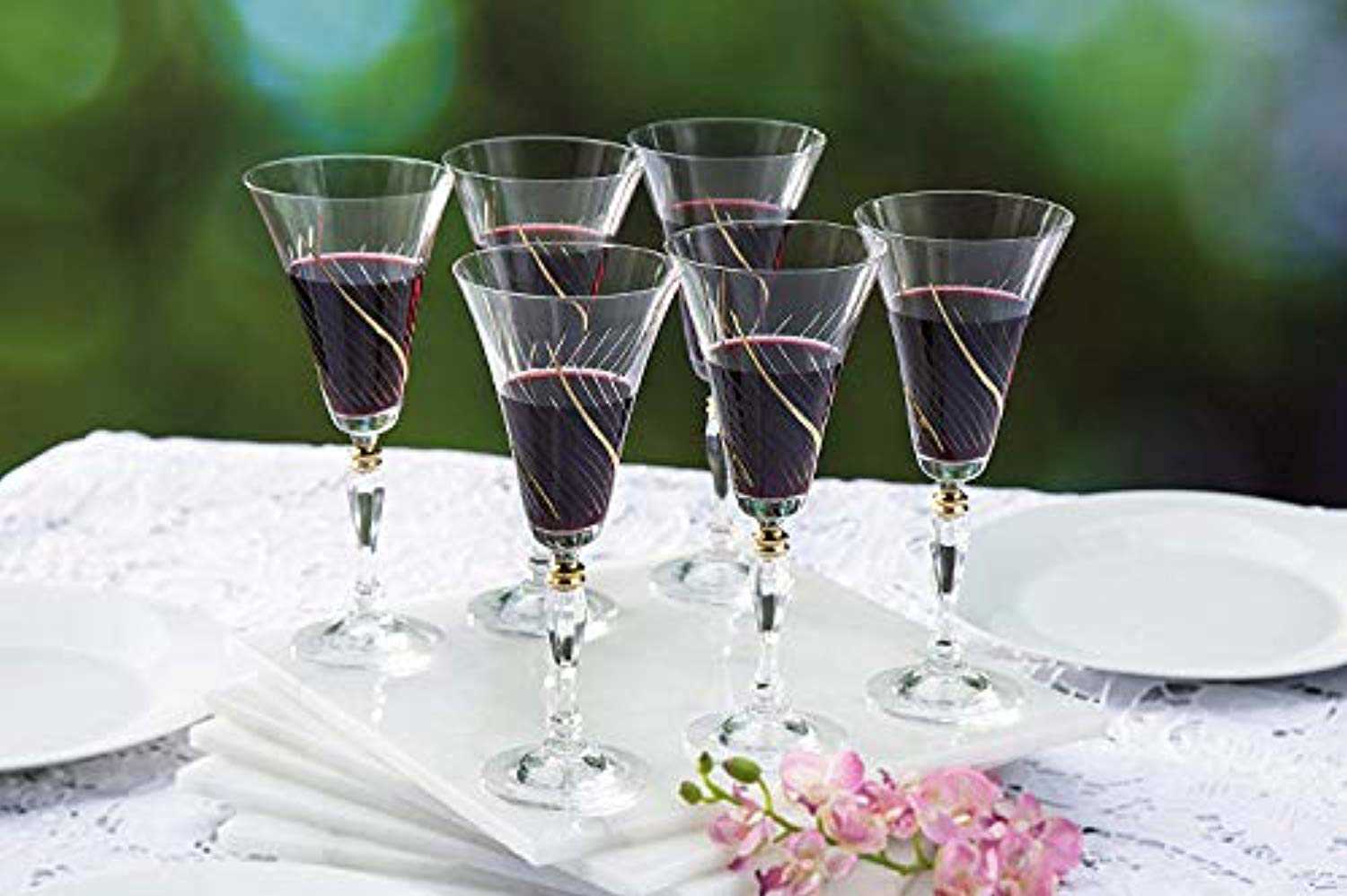 Set of 6 Handcrafted Bohemian Red Wine Crystal Glasses with Real Gold Detailing