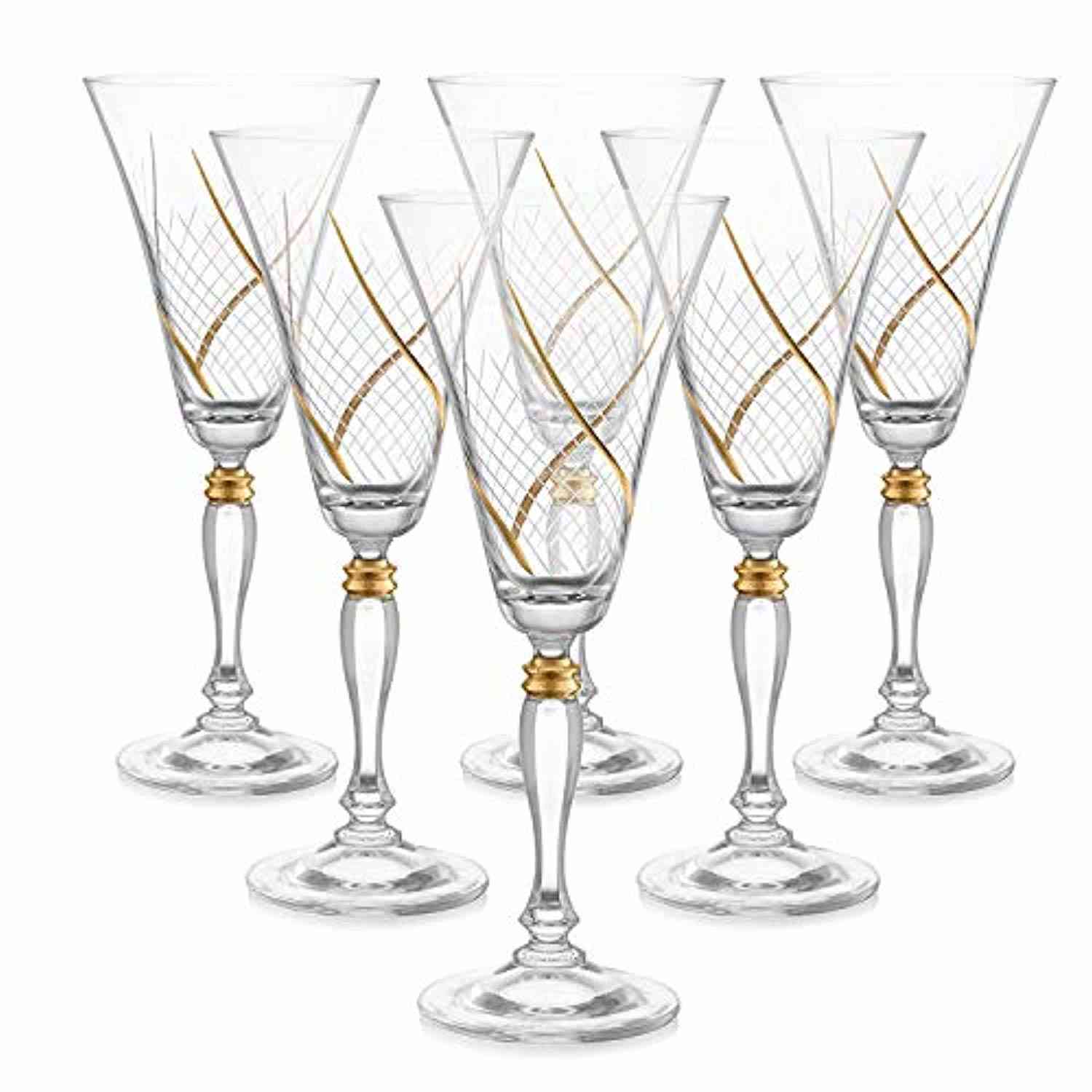 Set of 6 Handcrafted Bohemian Red Wine Crystal Glasses with Real Gold Detailing