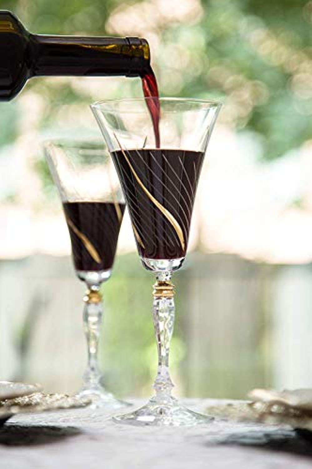 Set of 6 Handcrafted Bohemian Red Wine Crystal Glasses with Real Gold Detailing