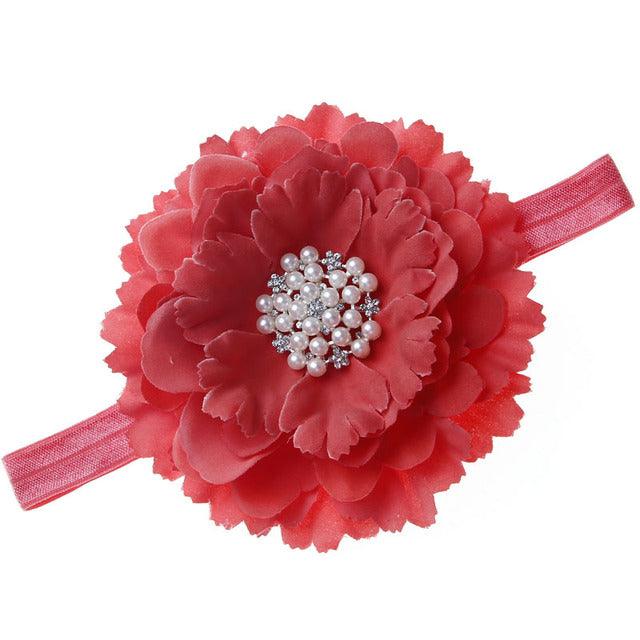 18 Colors Baby Newborn Peony Flower With Pearl Rhinestone Button Headband