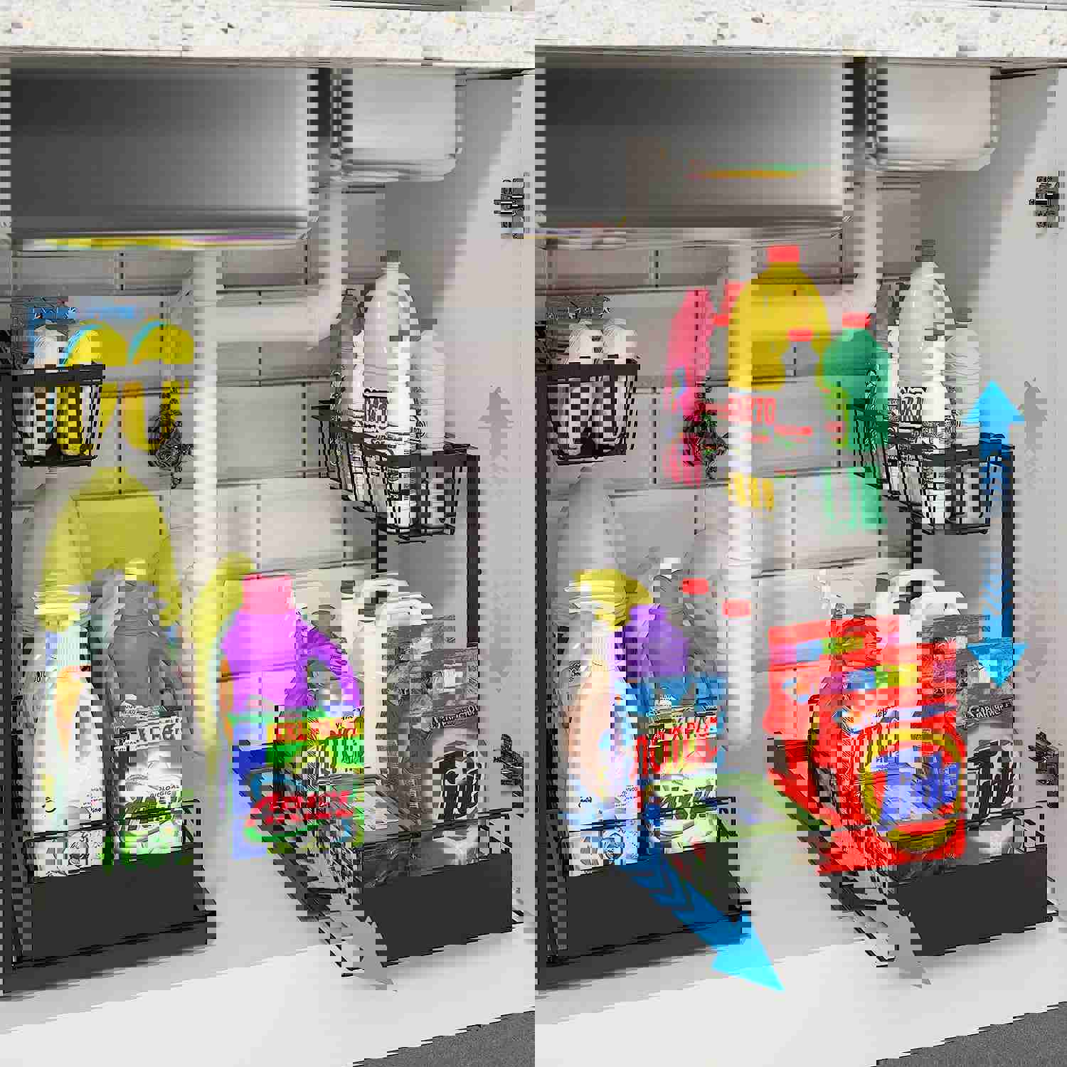 Under Sink Organizer, 2 Pack Height Adjustable Kitchen Organizers and Storage, 2 Tier Pull Out Sliding Cabinet Organizer