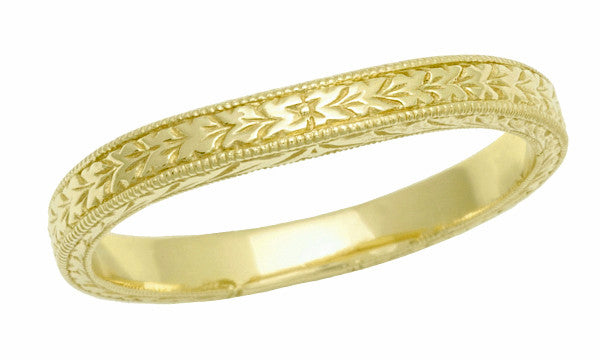 Art Deco Curved Engraved Wheat Wedding Band in 18K Yellow Gold