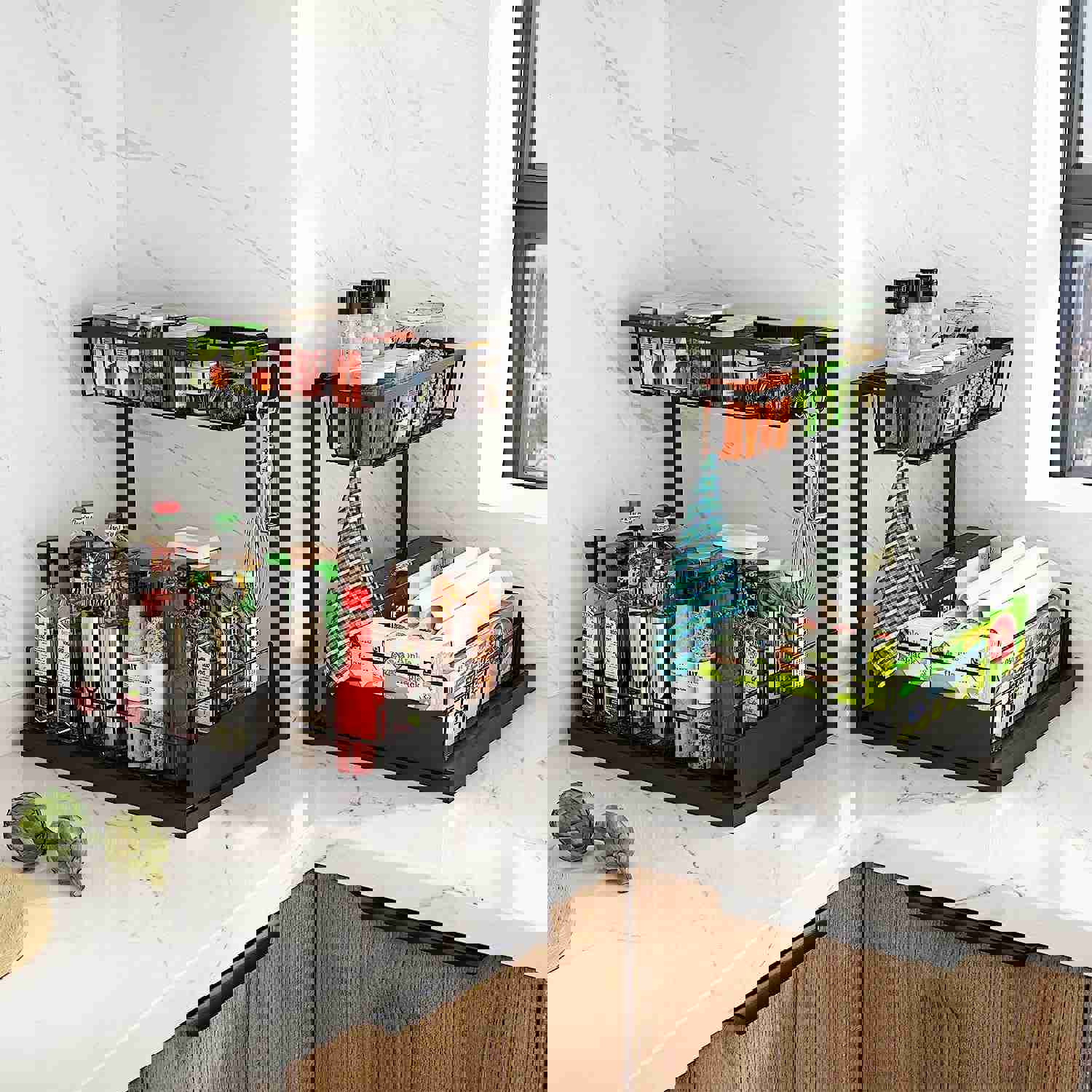 Under Sink Organizer, 2 Pack Height Adjustable Kitchen Organizers and Storage, 2 Tier Pull Out Sliding Cabinet Organizer