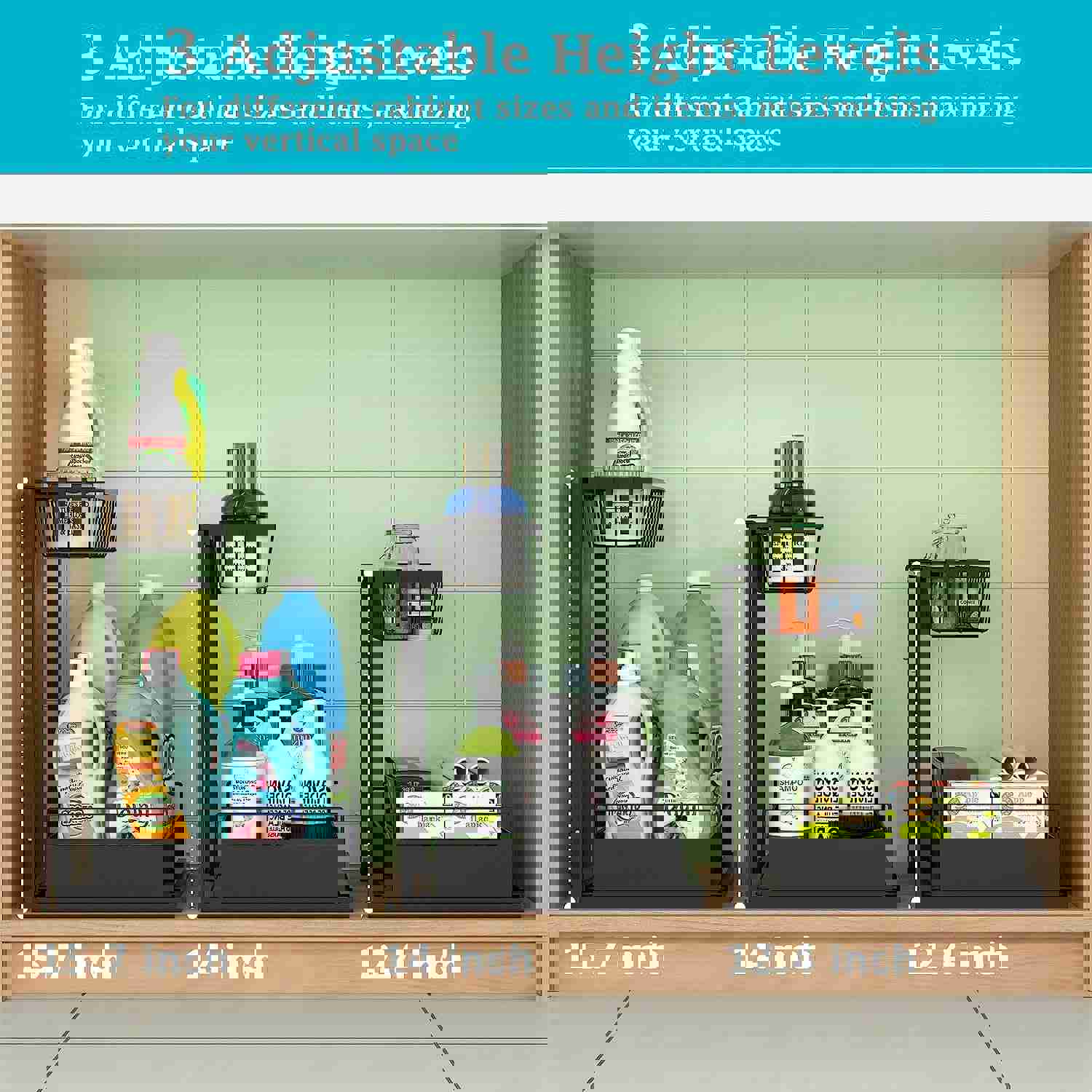 Under Sink Organizer, 2 Pack Height Adjustable Kitchen Organizers and Storage, 2 Tier Pull Out Sliding Cabinet Organizer