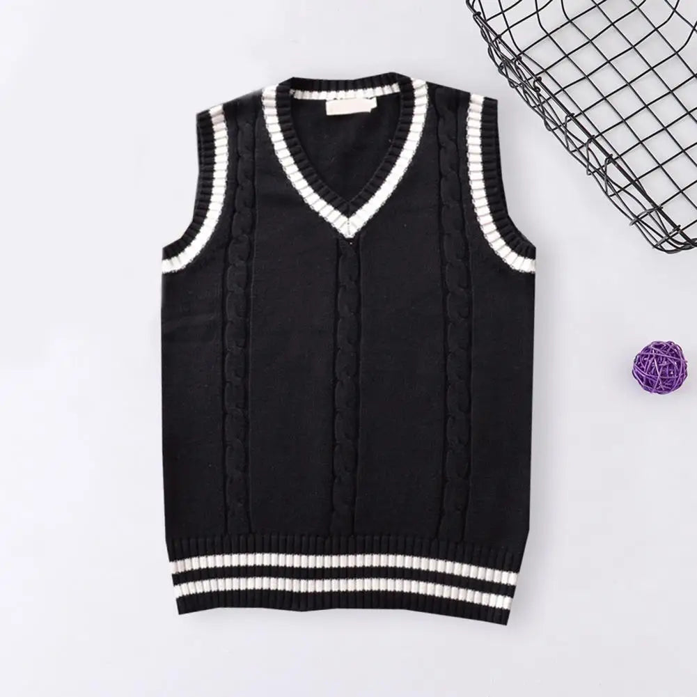British Style V Neck Sleeveless Ribbed Trim Sweater Vest Patchwork Color Twist Unisex Knitted Vest