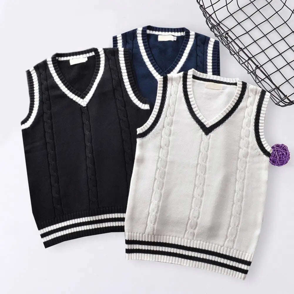 British Style V Neck Sleeveless Ribbed Trim Sweater Vest Patchwork Color Twist Unisex Knitted Vest