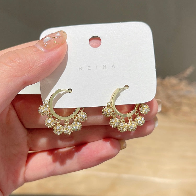 Elegant Women's Copper Inlaid Zircon Round Metal Ball Pendant Tassel Earrings