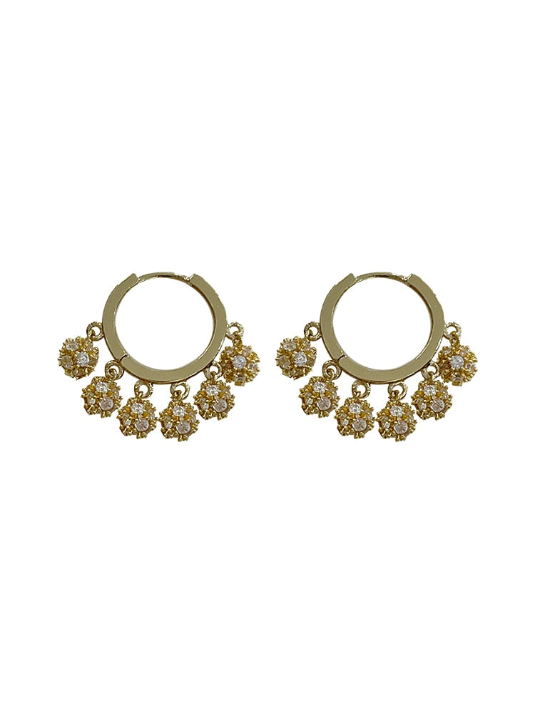 Elegant Women's Copper Inlaid Zircon Round Metal Ball Pendant Tassel Earrings