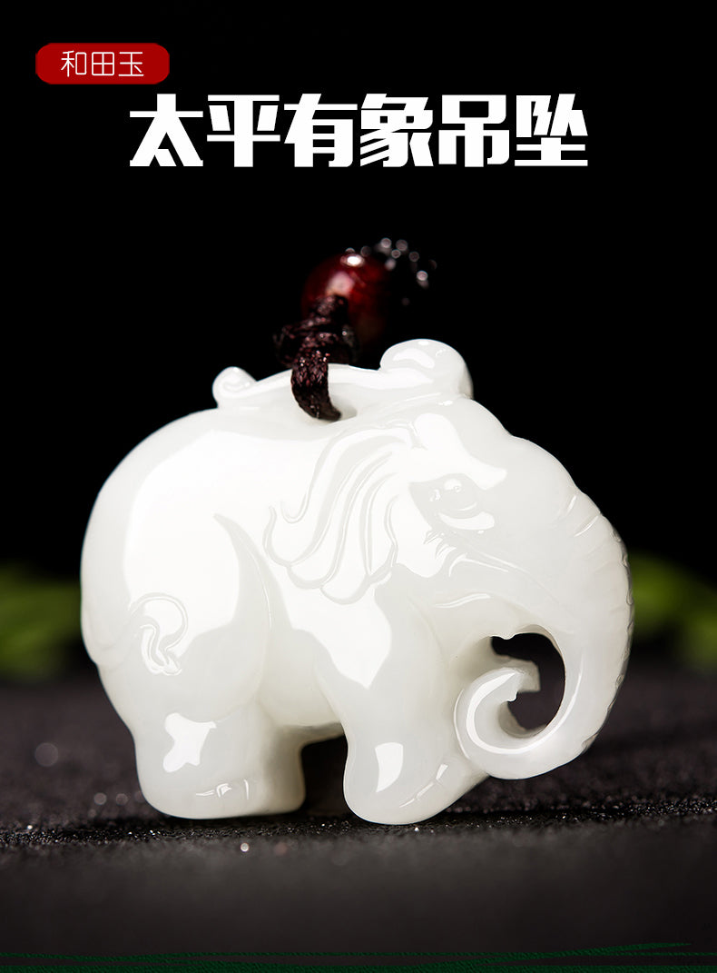 Hetian Jade Pendant - Taiping Elephant Design Unisex Necklace with Certificate