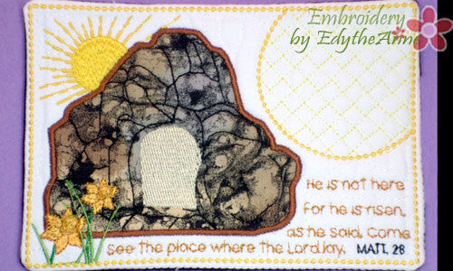 HE IS RISEN Faith Based In The Hoop Embroidered Mug Mat/ Mug Rug - Digital Download