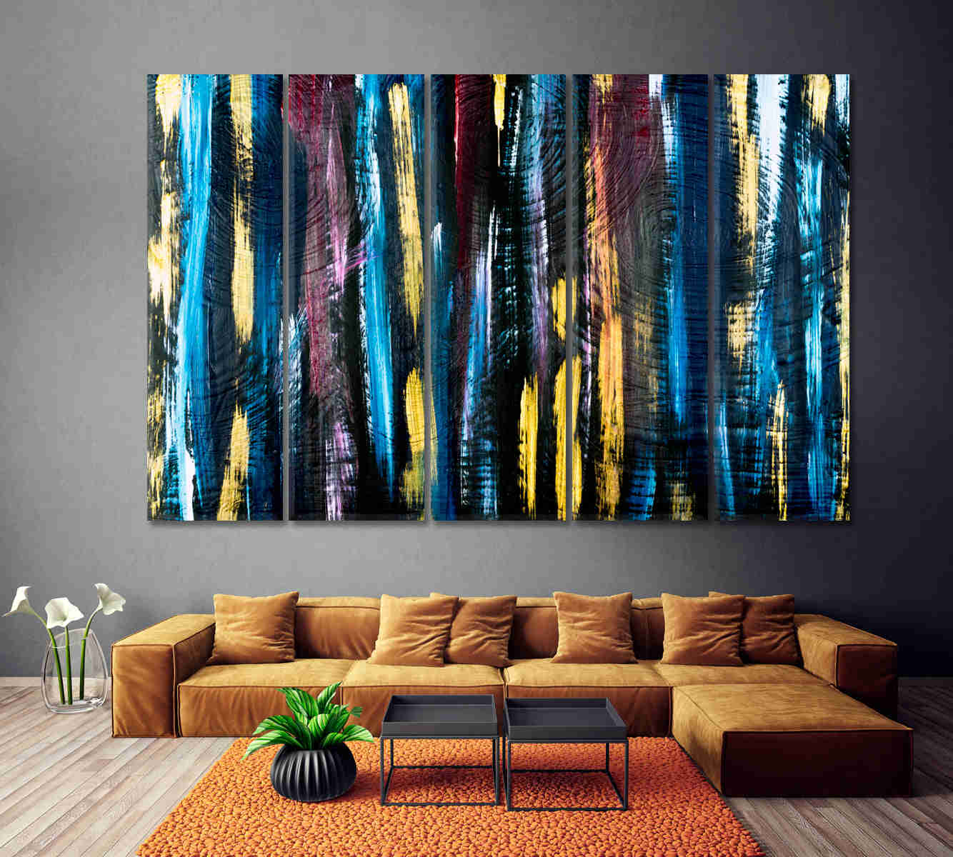 Abstract Contemporary Art Bright Stripes and Brush Strokes Canvas Print